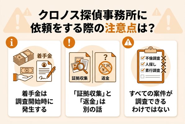 クロノス探偵事務所に依頼する際の注意点は？