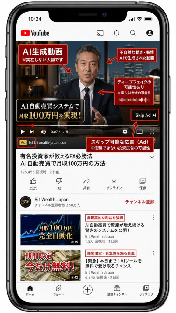 YouTube｜AI合成音声・偽動画広告による詐欺