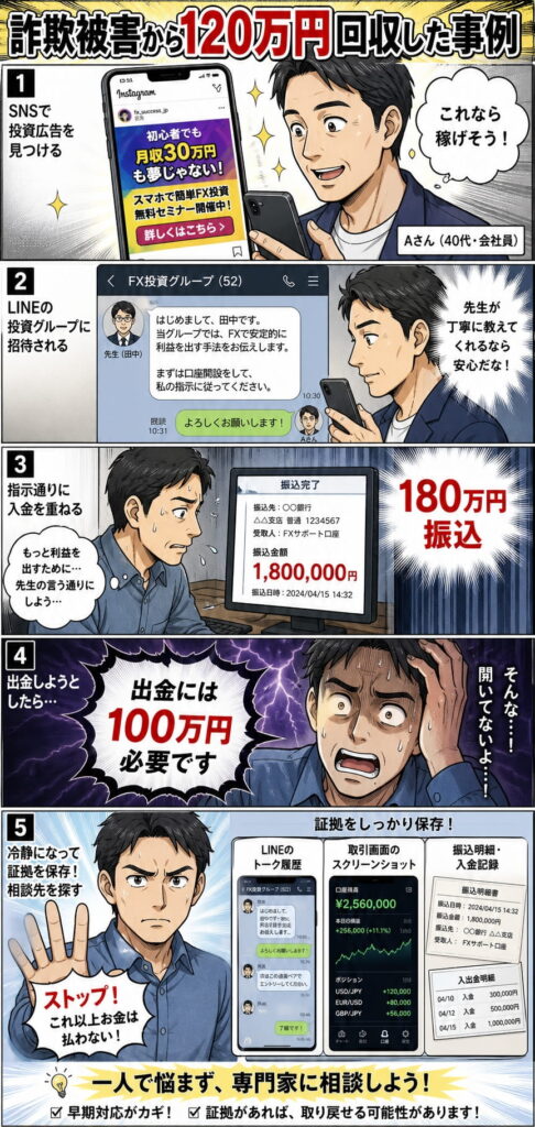 【事例①】SNSの投資グループで180万円を入金→出金不能（40代男性）ー漫画