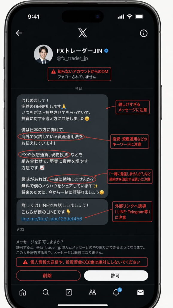 X(旧Twitter)｜フォロワーを装うDM誘導と投資スパム