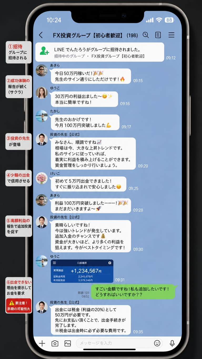 ②LINEグループ招待型(サクラ集団による演出)