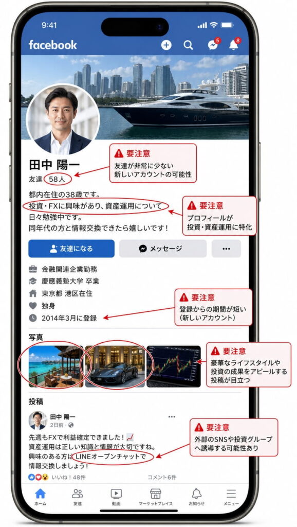 Facebook｜「同年代の投資仲間」を装うなりすまし