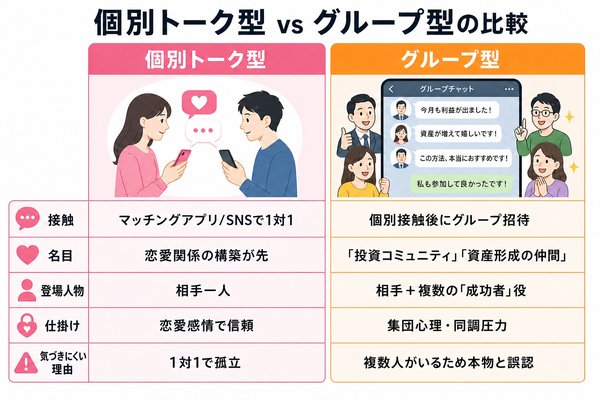 ロマンス詐欺のLINE「個別トーク型」と「グループ型」